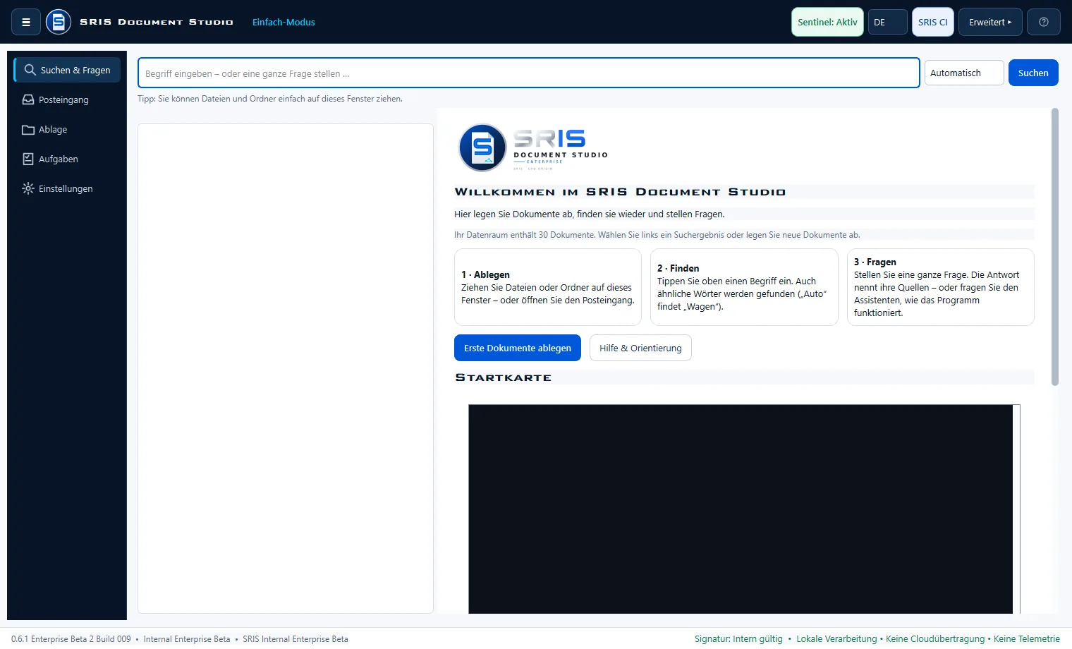 Screenshot SRIS Document Studio Enterprise: Einfach-Modus mit Suchen, Posteingang, Ablage und Aufgaben